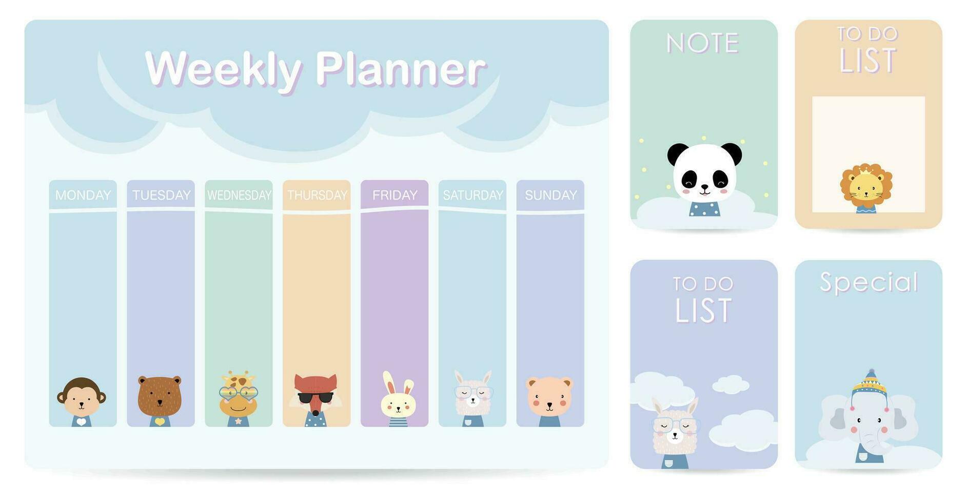 söt varje vecka planerare bakgrund med moln,djur.vektor illustration för unge och baby.editable element vektor