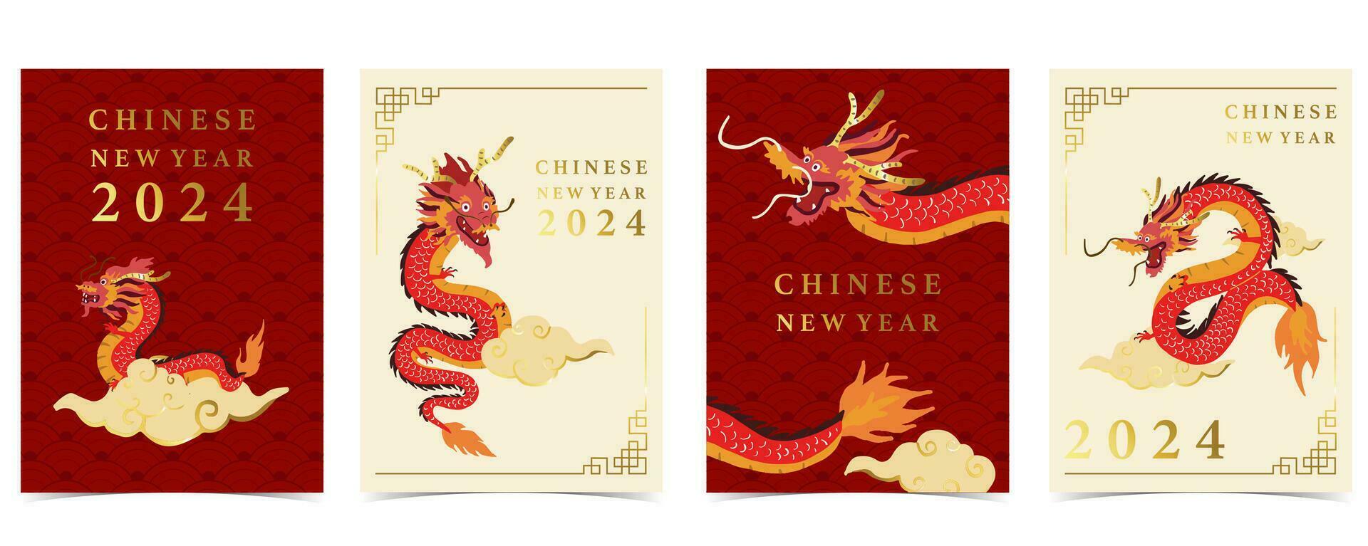 guld röd kinesisk ny år kort med drake, moln.redigerbar vektor illustration för hemsida, inbjudan, vykort och klistermärke