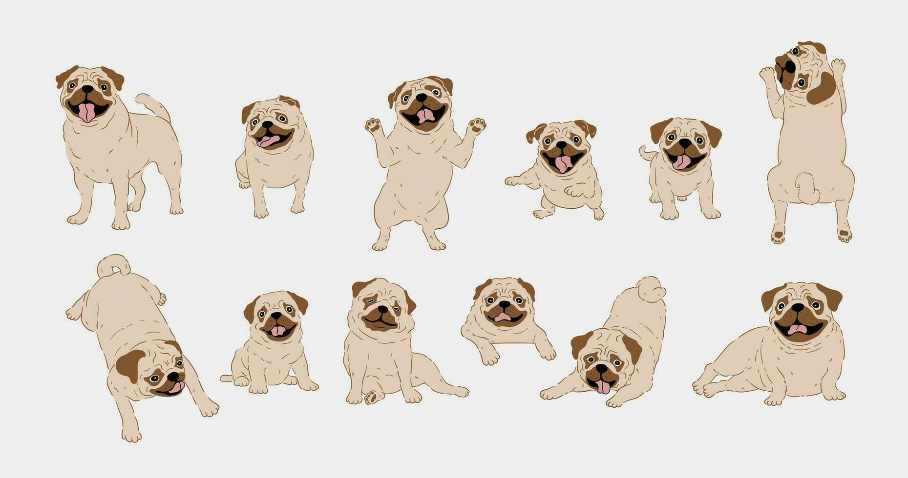 Lycklig tecknad serie mops hund uppsättning vektor