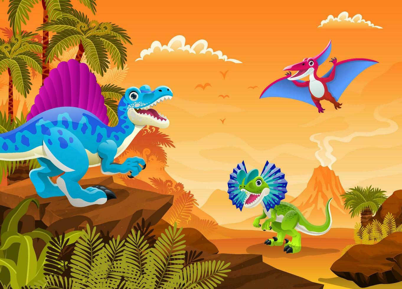 Lycklig dinosaurier i förhistorisk öken- landa scen illustration, för barn bok vektor