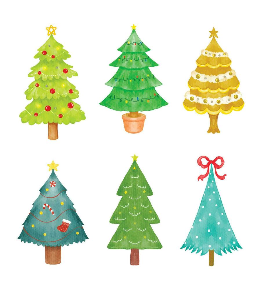 uppsättning av hand dragen vattenfärg jul träd dekorerad vektor