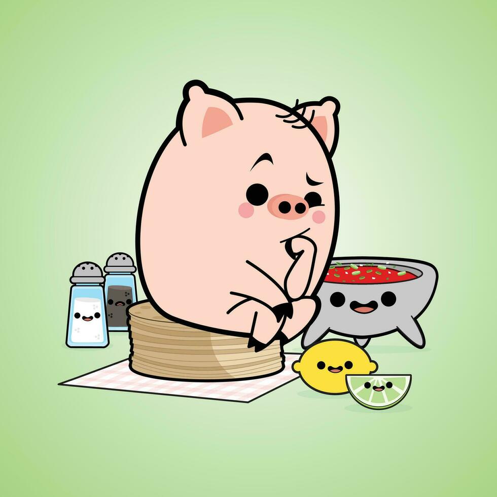 Schwein Karikatur Charakter Denken mit Essen vektor