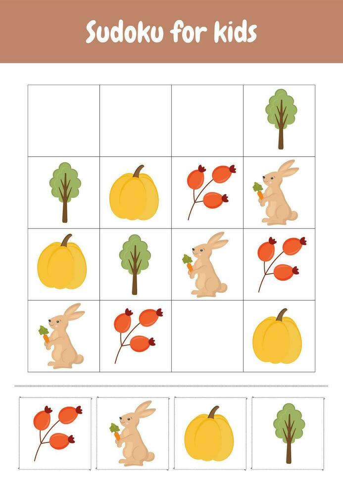 Sudoku zum Kinder. vereinfacht Sudoku Rätsel. druckbar Arbeitsblätter Aktivitäten Vorschule Ausbildung, Kindergarten, häuslicher Unterricht, pädagogisch Zweck. logisch Spiel. Herbst Objekte. vektor