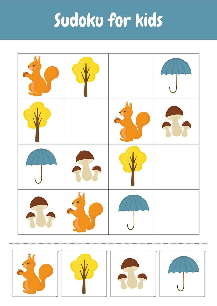 Sudoku zum Kinder. vereinfacht Sudoku Rätsel. druckbar Arbeitsblätter Aktivitäten Vorschule Ausbildung, Kindergarten, häuslicher Unterricht, pädagogisch Zweck. logisch Spiel. Herbst Objekte. vektor