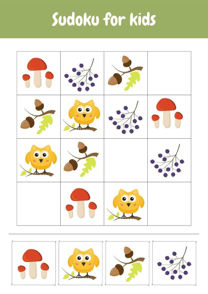 sudoku för ungar. förenklad sudoku pussel. tryckbar kalkylblad aktiviteter förskola utbildning, dagis, hemundervisning, pedagogisk ändamål. logisk spel. höst objekt. vektor