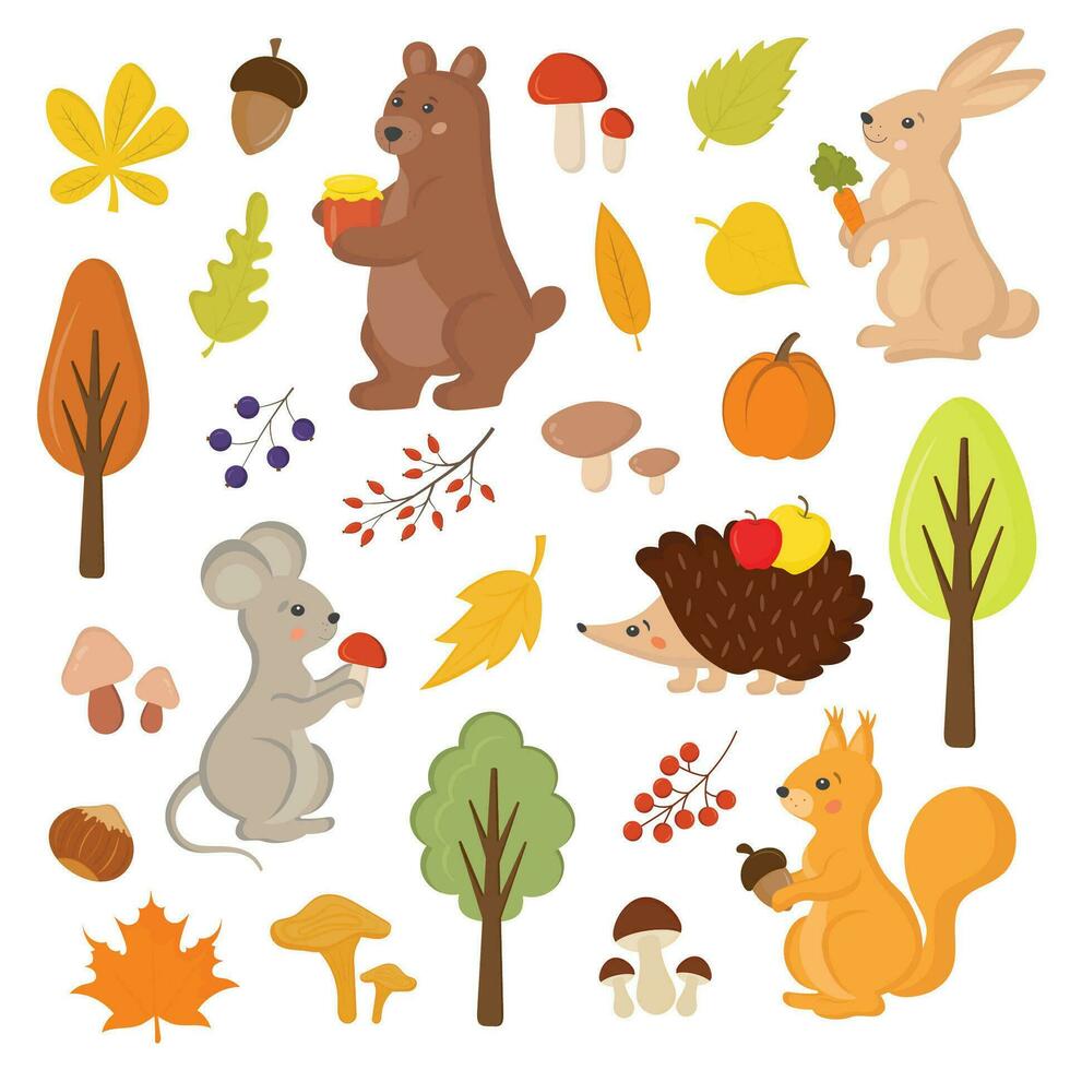 einstellen von Herbst Elemente, süß Wald Tiere, fallen Blätter, Kürbisse, Pilze, Beeren. Hase, Eichhörnchen, Igel, tragen, Maus. Sammlung zum Sammelalbum, Karte, Poster, Aufkleber. Karikatur kindisch. vektor