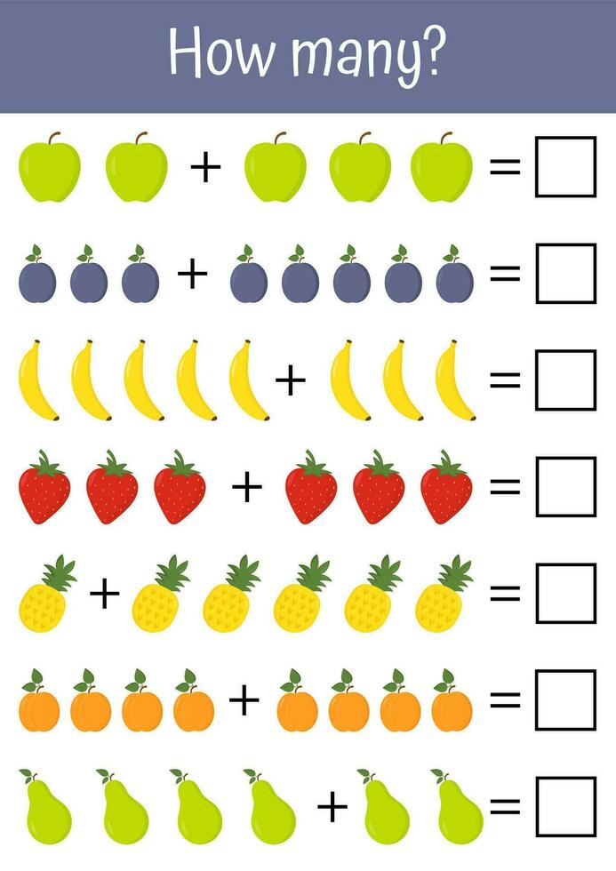 färgrik, lekfull matematik kalkylblad för tidigt barn utveckling, tillägg, och subtraktion övningar för förskola utbildning, pedagogisk använda sig av. grönsaker, frukt matematiskt listor. räkning, på vilket sätt många spel vektor