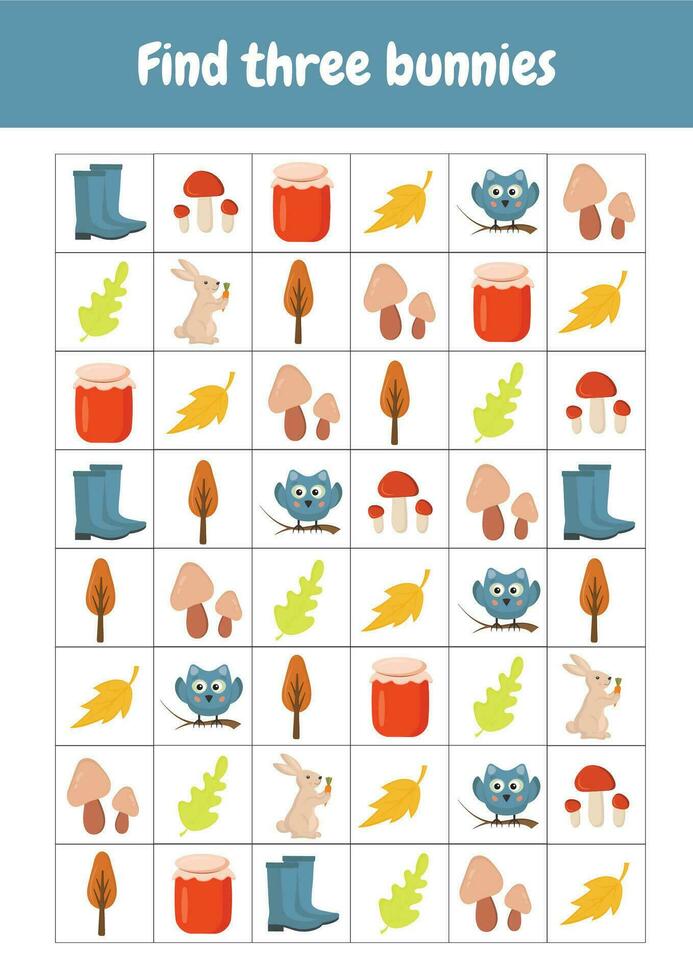 finden und Anzahl Herbst Objekte. Arbeitsblätter Aktivitäten zum Schulung, früh Bildung. Zählen lehrreich logisch Spiel, mathematisch Lernen. ich Spion. Kind Unterricht, Fertigkeit abspielen Puzzle zum Kinder. vektor