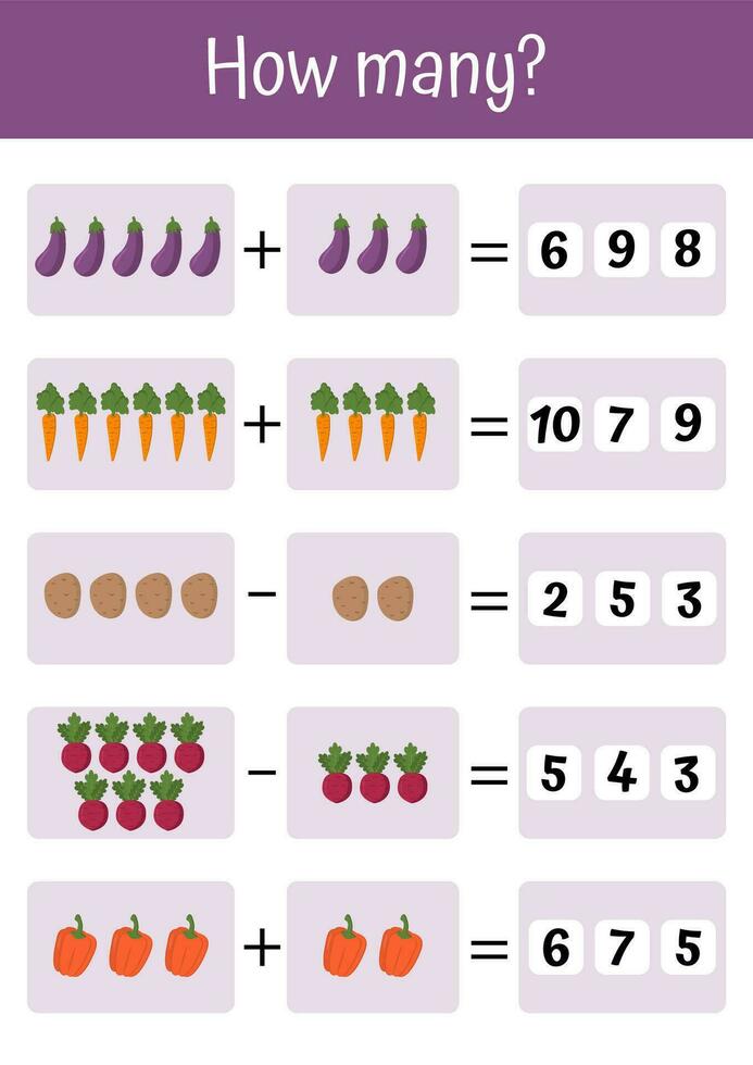 Vektor bunt Mathematik Arbeitsblätter, Zusatz, Subtraktion, und mathematisch Spiele. Ideal zum früh Kind Entwicklung, Vorschule Bildung. Gemüse und Früchte mathematisch Listen. Zählen Wie viele Spiel.