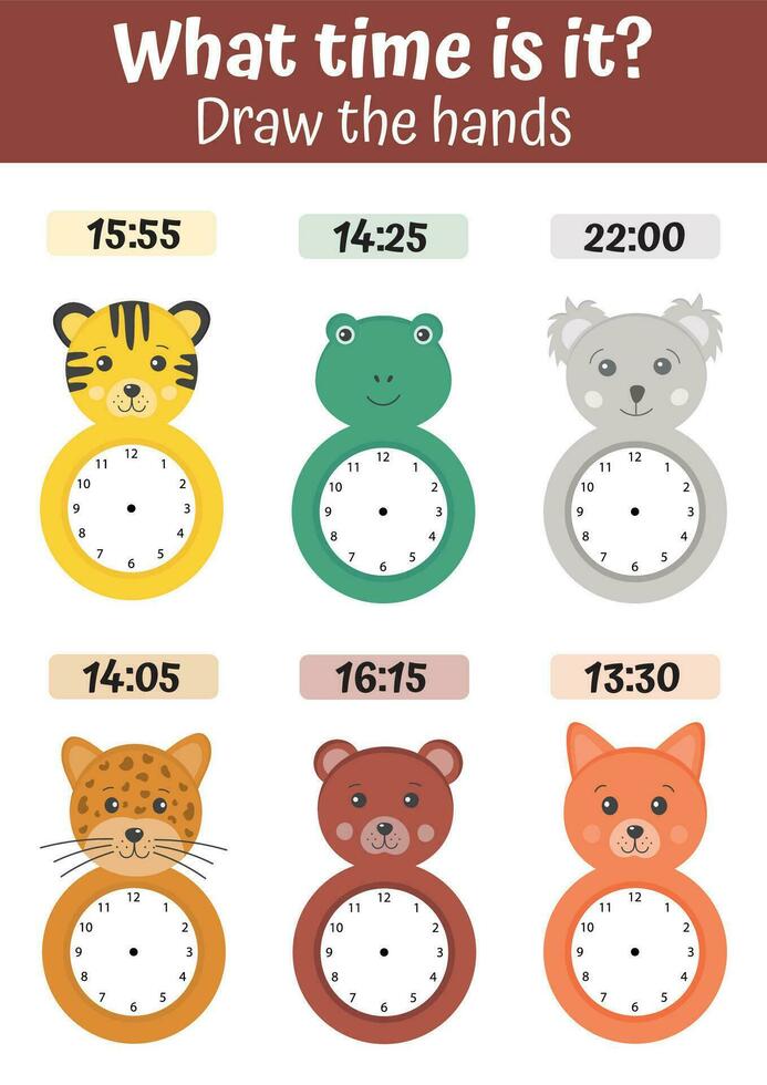 erzählen Zeit Arbeitsblatt zum Vorschule Kinder zu identifizieren das Zeit. Uhr Gesichter mit komisch Tiere. Kinder Vorschule spielen, Lernen Aktivität. lehrreich Aufgabe zum das Entwicklung von logisch Denken. vektor