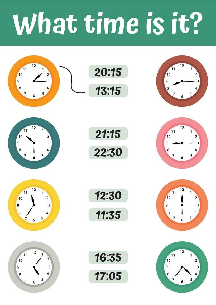 nützliche Spiele mit Uhr für Kinder im Vorschulalter. sagen sie die zeit mit der uhr eingestellt lustige tiere für kinder. wie spät ist es kinder vorschule spielen, lernaktivität. Arbeitsblatt für Schulkinder. vektor