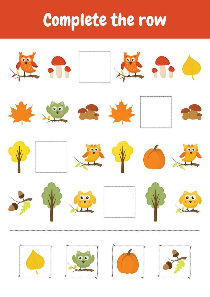 Komplett das Reihe. Was kommt nächste. Muster durch Hinzufügen fehlt Element. Arbeitsblätter Aktivitäten zum Schulung, früh Bildung. Kindergarten Logik Kind Unterricht, Fertigkeit abspielen Puzzle zum Kinder. Herbst Objekte. vektor