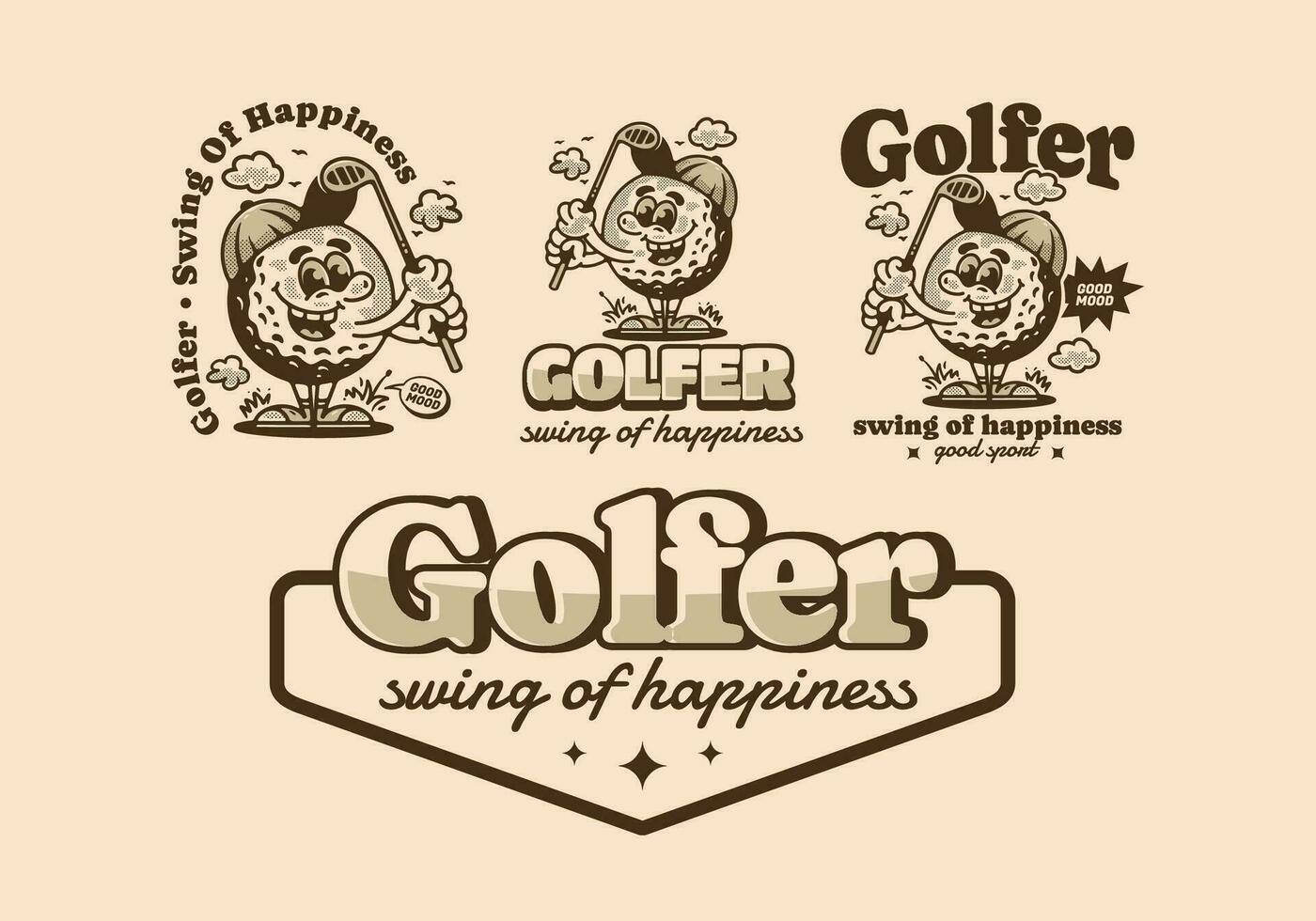 golfspelare gunga av lycka, maskot karaktär illustration av golf boll innehav en golf pinne vektor