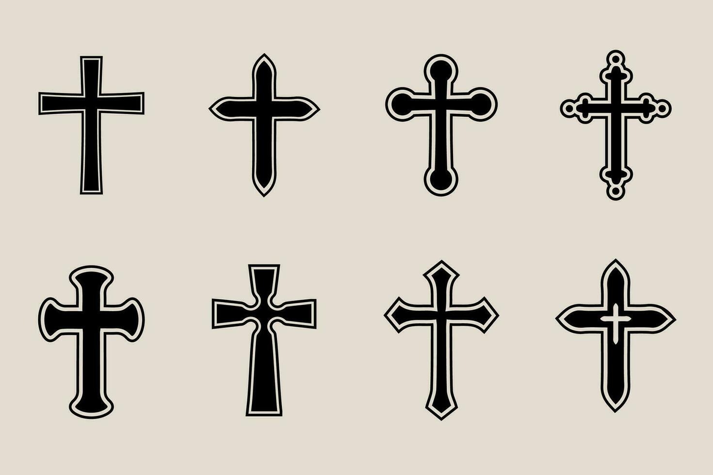 dekorativ Kruzifix Religion katholisch Symbol, Christian Kreuze. orthodox Vertrauen Kirche Kreuz Symbole Design, isoliert eben Satz. Vektor Illustration.
