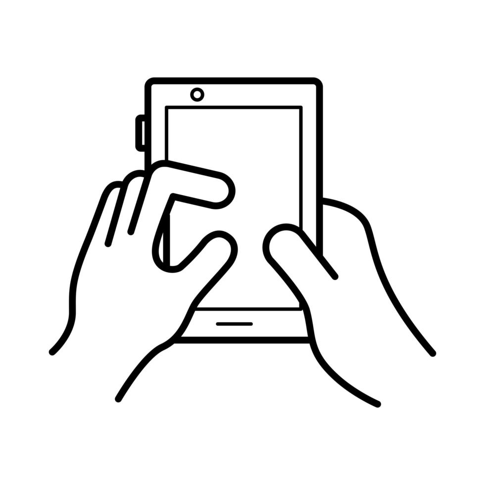 Hände, die das Linienstil-Symbol des Smartphone-Geräts verwenden vektor