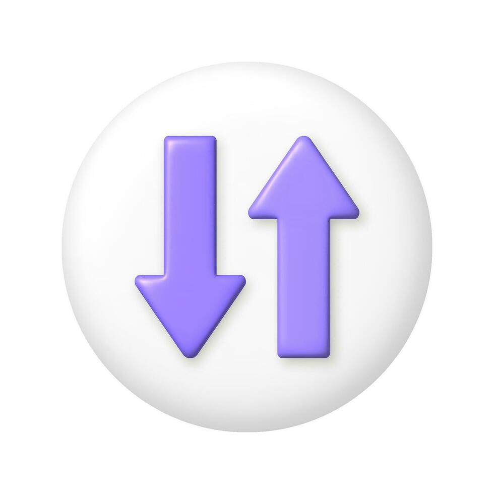 lila 3d ner och upp pil ikon på vit knapp. 3d tecknad serie vektor illustration.