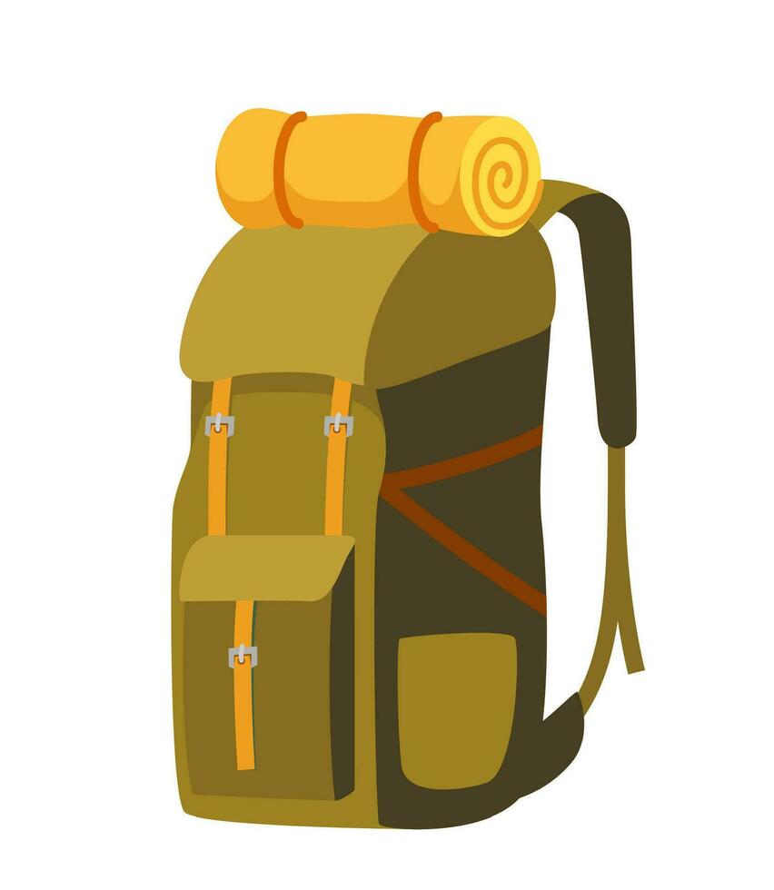 bunt Rucksack zum reisen, wandern, Camping. Tourist retro zurück Pack. klassisch gestylt Wandern Rucksack mit Schlafen Tasche. Lager und Wanderung Tasche. Vektor Illustration.