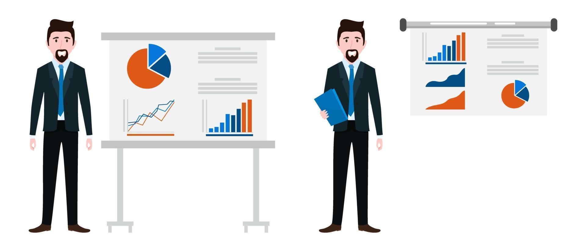affärsmannetecken som bär affärsdräkt som står med försäljningspresentationsbräda med diagramdiagramfiler och pekar vektor