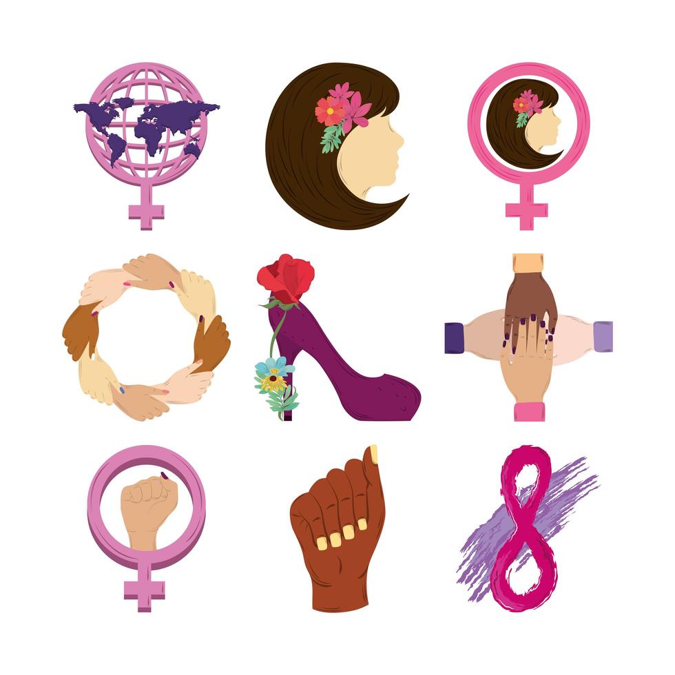 Womens Day Icons Set World Gender Woman Schuh acht vektor
