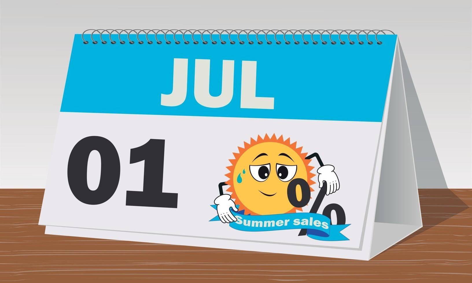 ein juli sommerverkauf blau-weiße uhr und kalender vektor