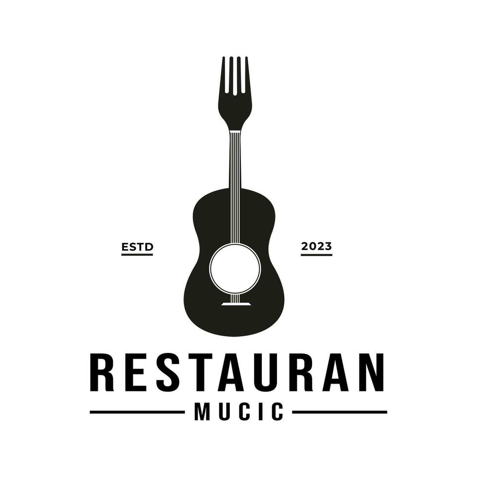 inspirierend Gabel mit Musical Instrument retro Jahrgang Gitarre Cafe Restaurant Logo Design vektor