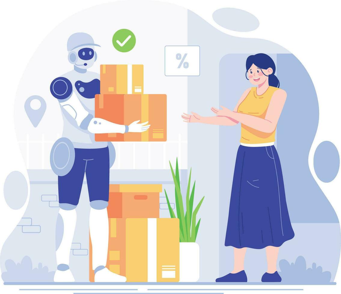 Kurier und Roboter Vektor Illustration. Lieferung Bedienung Konzept Stil. Roboter mit E-Commerce. zum Versand, modern Technologie, künstlich Intelligenz Technologie Konzept.