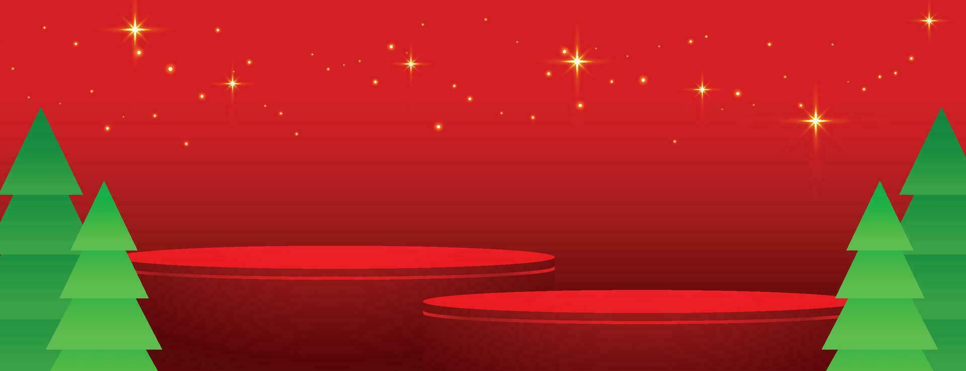 merry christmas banner med produkt display cylindrisk form och julgran papper cut stil vektor