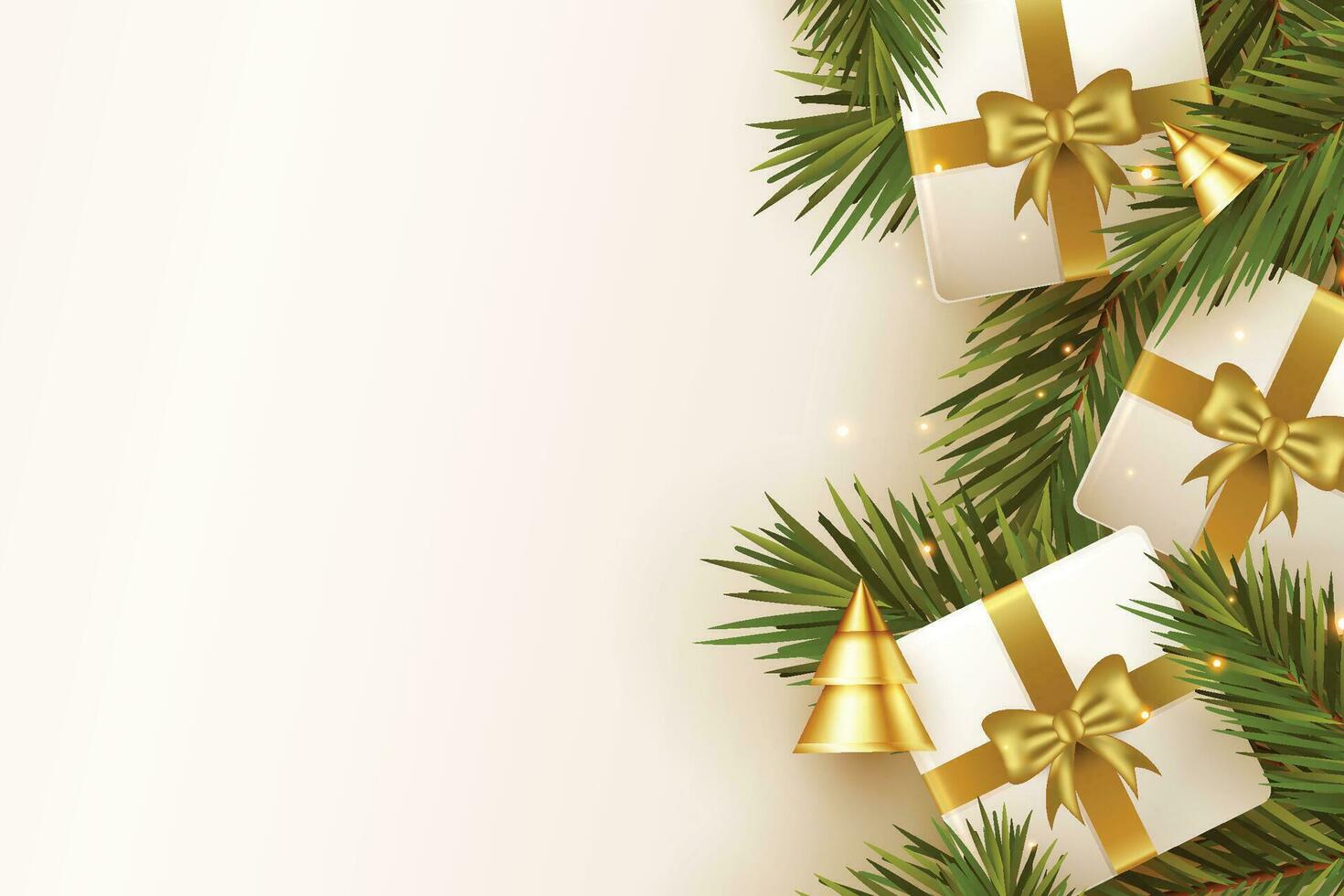 Weihnachten Bälle, Urlaub Geschenke mit golden Bogen, Tanne Baum Geäst, Kiefer Zapfen und glänzend Sterne. Illustration können Sein benutzt zum Weihnachten Design, Poster, Karten, Websites und Banner. vektor