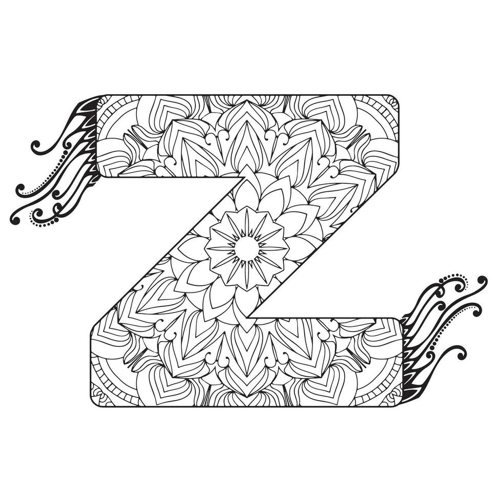 Zentangle stilisiert Alphabet. Mandala Brief. Vektor Illustration schwarz Weiß Hand gezeichnet Gekritzel. Alphabete Mandala Färbung Buchseite, Mandala Briefe.