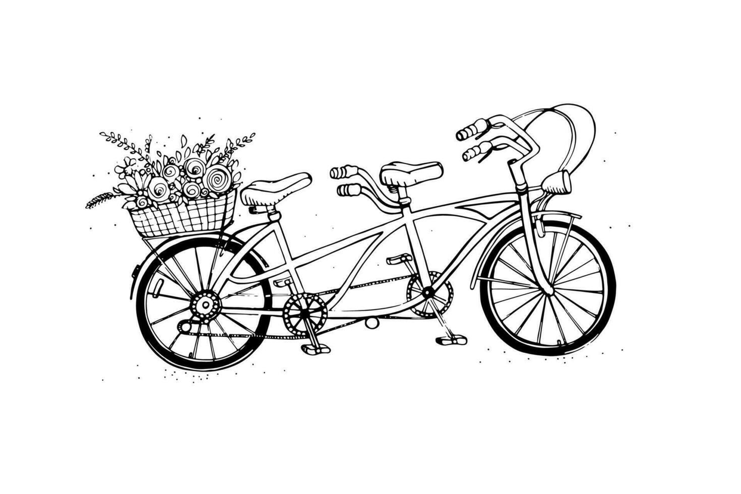 hand dragen tandem stad cykel med korg av blomma. årgång, retro stil. skiss vektor illustration.