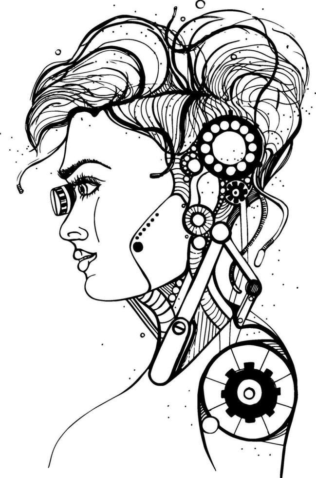 huvud kvinna cyborg. begrepp silhuett, skalle, profil skön flicka. kontur vektor illustration på vit bakgrund.