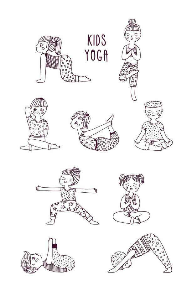 barn yoga uppsättning. barn prestera övningar, asanas, ställningar, meditation. hand dragen vektor illustration.