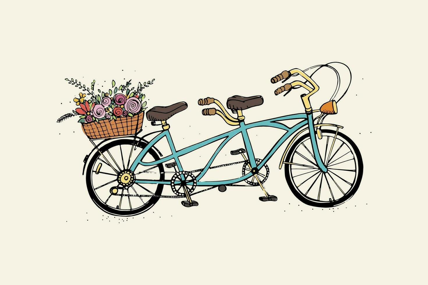 hand dragen tandem stad cykel med korg av blomma. årgång, retro stil. skiss vektor färgrik illustration.