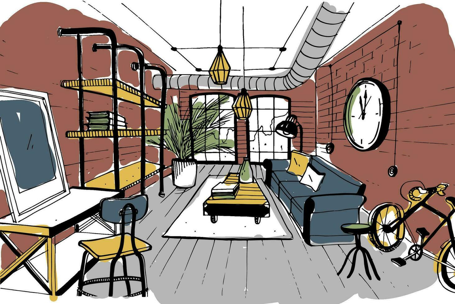 modern levande rum interiör i loft stil. hand dragen färgrik illustration. vektor