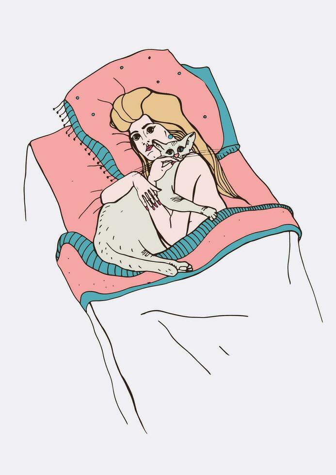 kvinna med henne katt på de säng. rosa vektor illustration.
