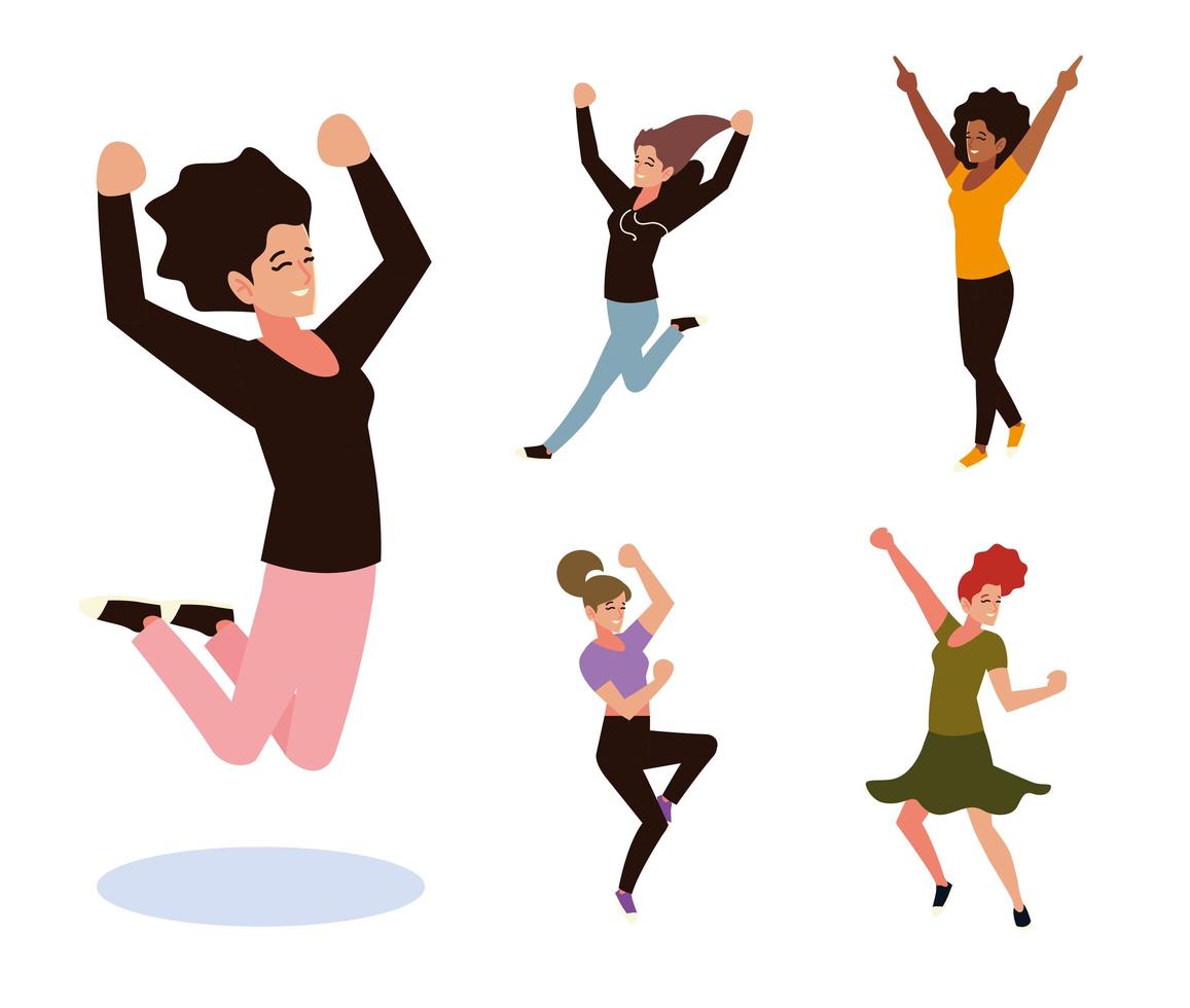 grupp kvinnliga människor hoppar och dans firar set vektor