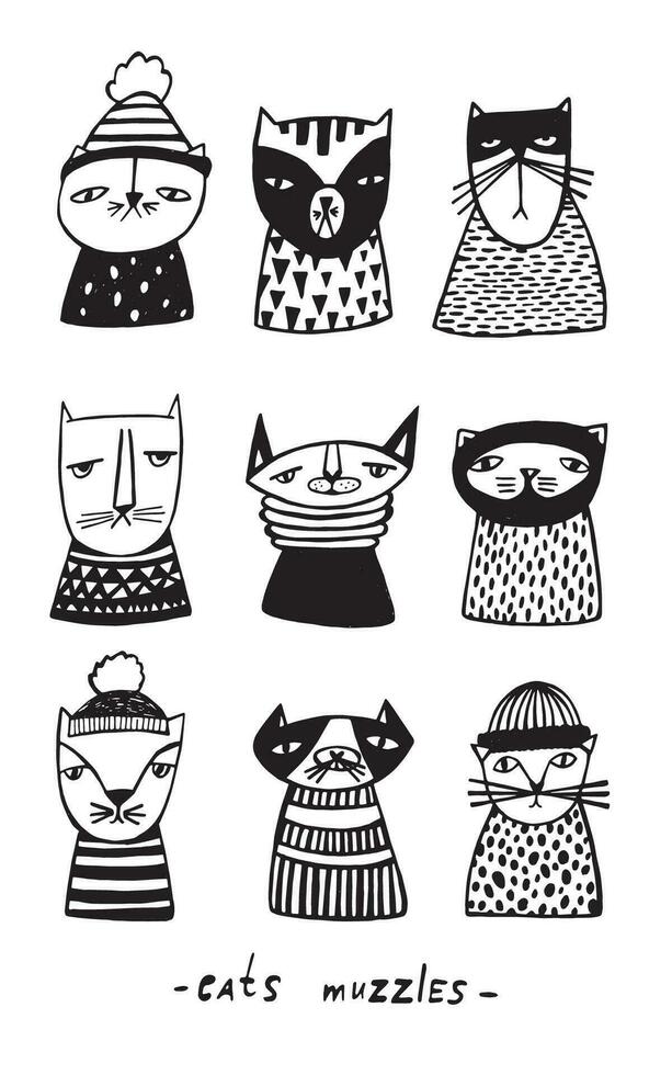 uppsättning med tecknad serie katter nosparti. hand dragen klotter pott samling på vit bakgrund. vektor illustration.
