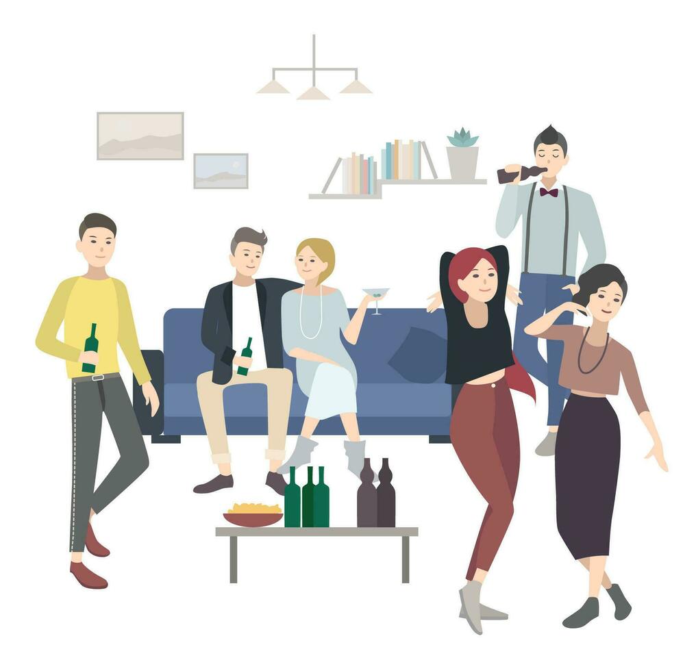 Zuhause Party mit Tanzen, Trinken Personen. eben Illustration. vektor