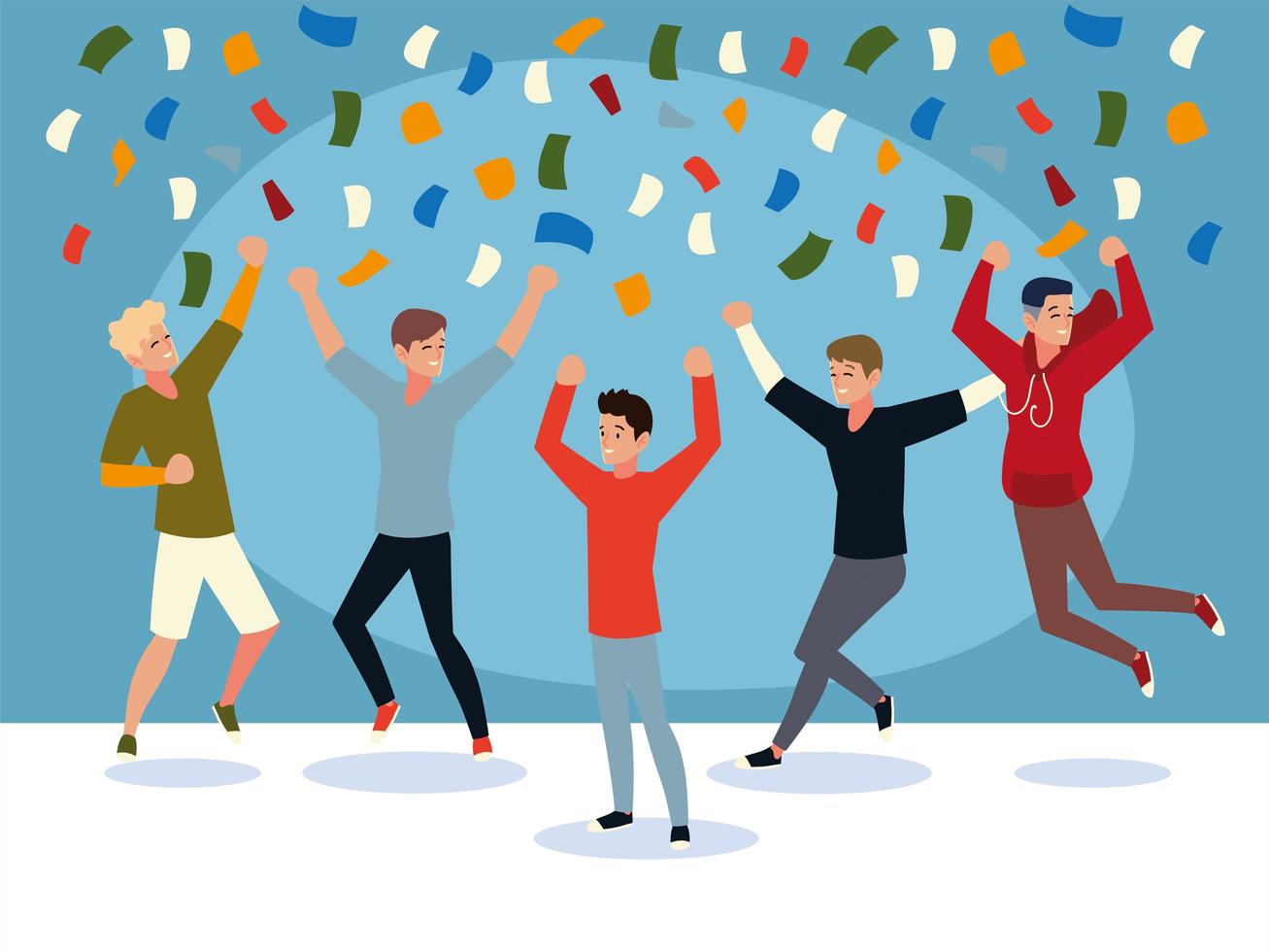 glückliche Gruppe von Menschen, die springen und Konfetti festlich feiern vektor