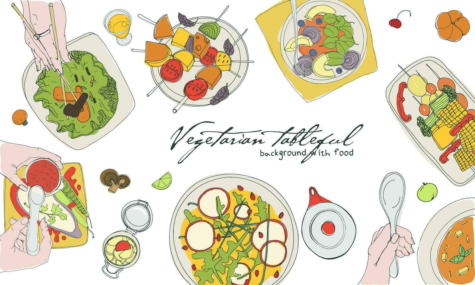 festlich Vegetarier tischvoll, gelegt Tisch, Ferien Hand gezeichnet bunt Illustration, oben Sicht. Hintergrund mit Platz zum Text. vektor