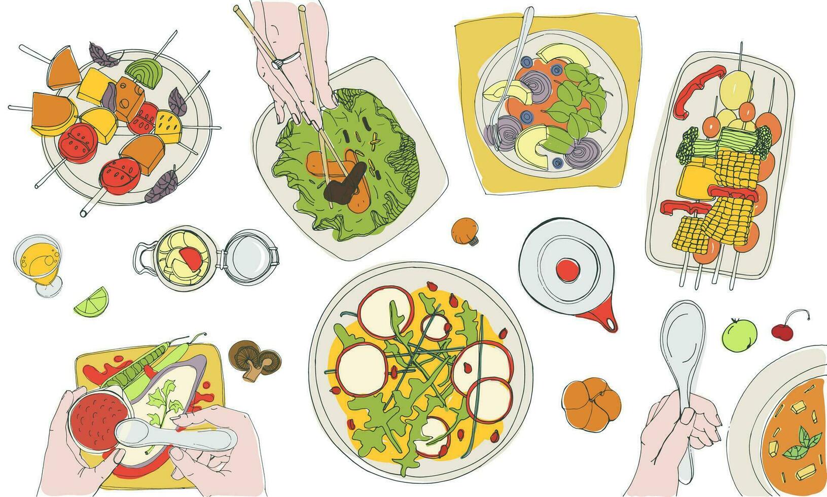festlich Vegetarier tischvoll, gelegt Tisch, Ferien Hand gezeichnet bunt Illustration, oben Aussicht vektor
