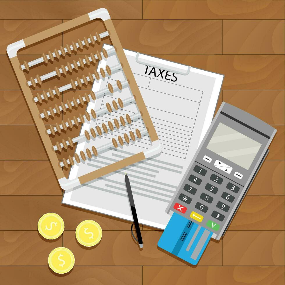företag beskatta och bank pappersarbete, illustration av kreditera kort terminal vektor