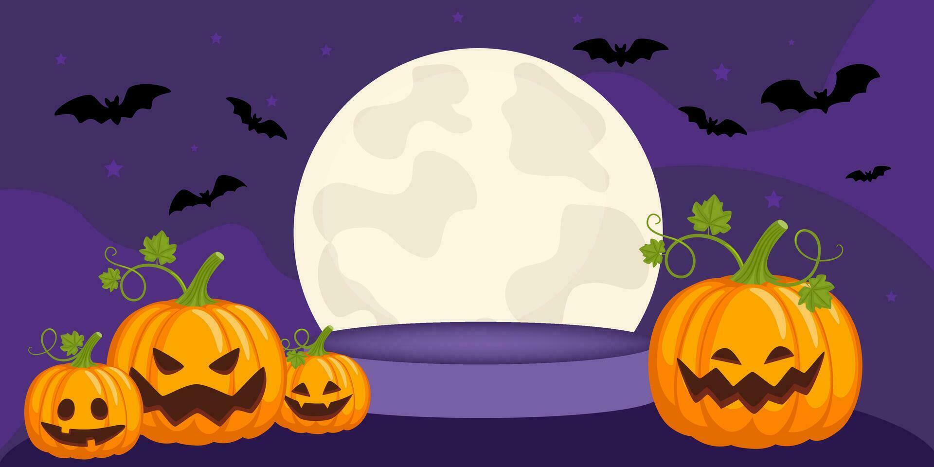 glücklich Halloween. Halloween Konzept mit Fledermäuse, Kürbis, Mond und Bühne Podium auf schwarz Hintergrund. Vektor Illustration Design Vorlage zum Banner oder Poster.