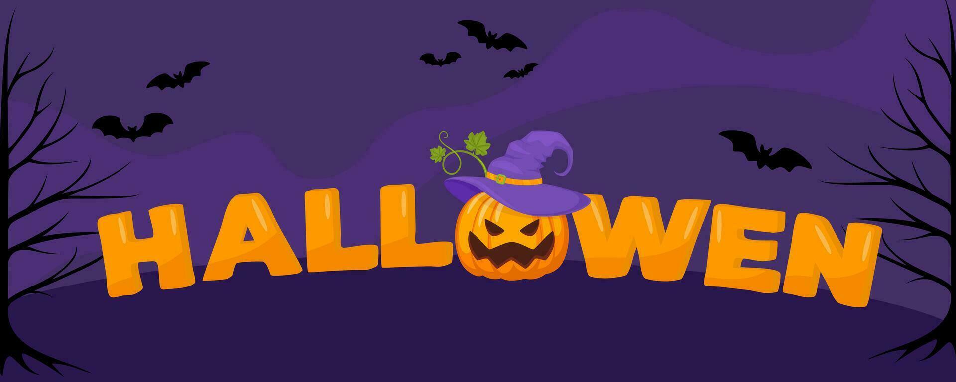 Halloween Banner mit Briefe und Urlaub Symbole Kürbis Fledermäuse. Design zum Banner, Gutschein, Angebot, Coupon, Urlaub Verkauf. Vektor Illustration.