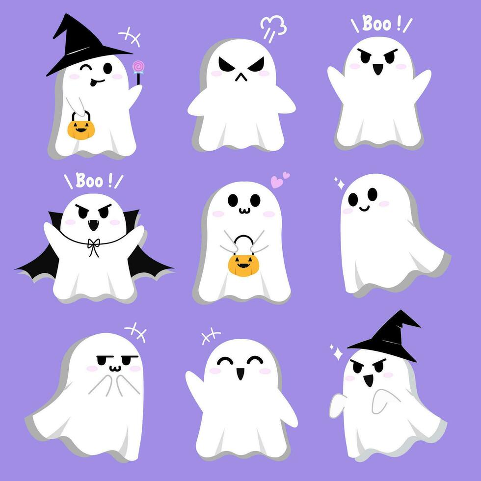 Halloween einstellen von süß Geist im verschiedene gespenstisch Boo mit Emotionen und Gesichts- Ausdrücke. Charakter Karikatur mit Hand gezeichnet im eben Design. Grafik Elemente und Vektor Illustrationen.
