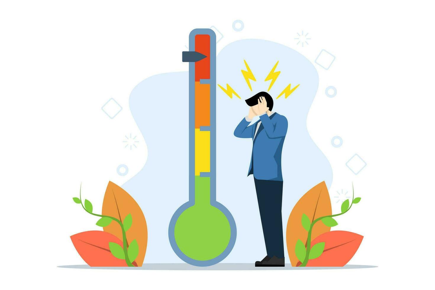 Konzept von emotional Überlast, Stress eben, Ausbrennen, ist gestiegen Produktivität, Abfluss, langweilig, positiv, frustriert Mitarbeiter beim arbeiten. frustriert Mann in der Nähe von Stimmung Skala. Vektor Illustration im eben Design.