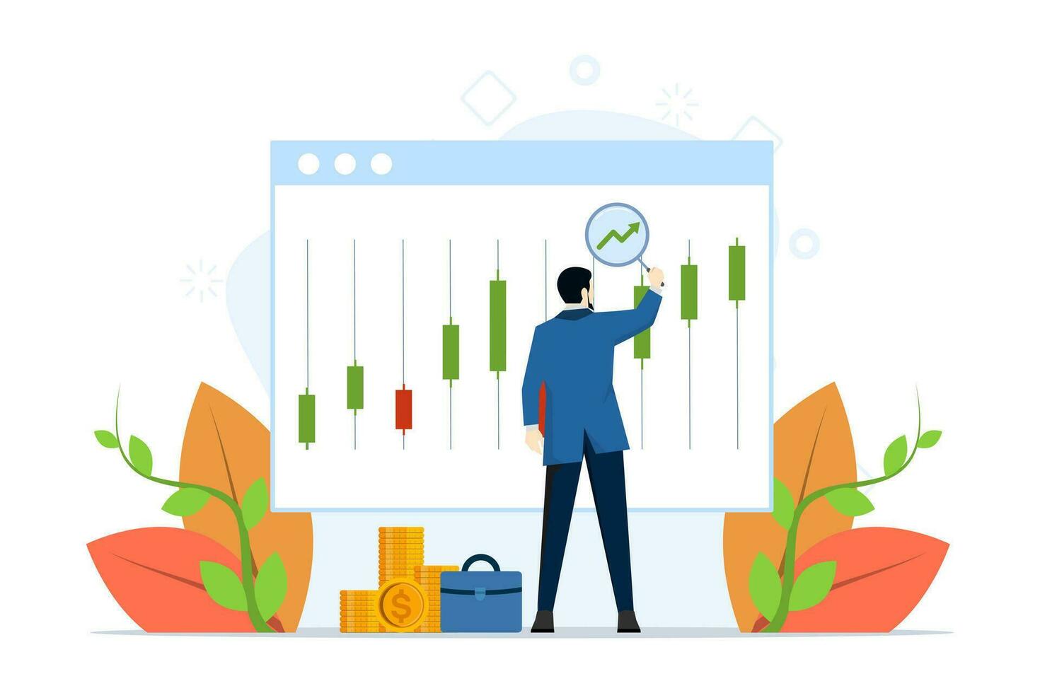 investering begrepp, finansiell lösning, passiv inkomst, investering strategi, tur- spekulation. man investerar framgångsrikt. återvändande vektor illustration i platt design för webb baner, landning sida.