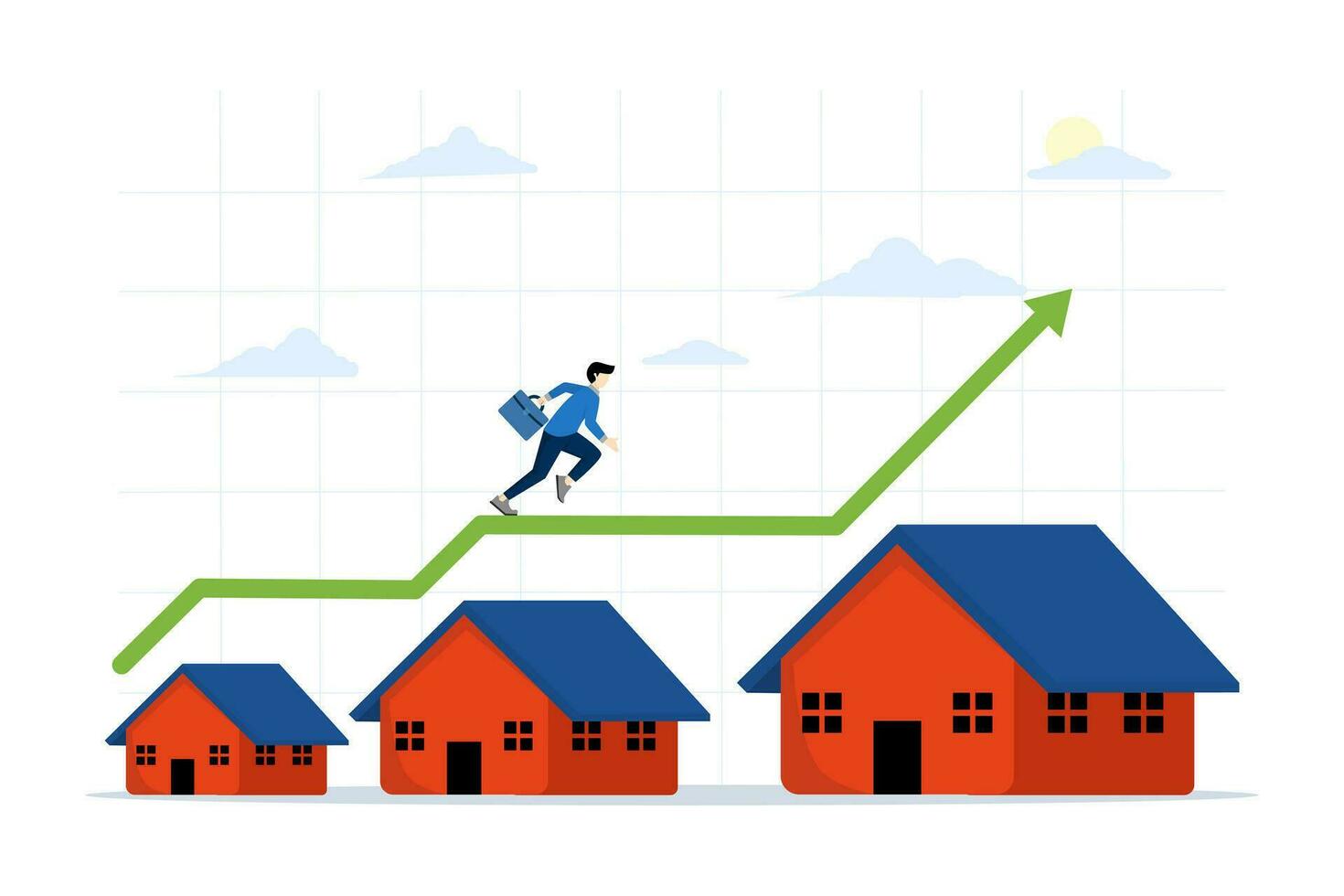 steigend Gehäuse Preise Konzept, echt Nachlass oder Eigentum Wachstum, Geschäftsmann Gehen auf steigend Grün Graph auf Haus Dach. eben Vektor Illustration auf ein Weiß Hintergrund.