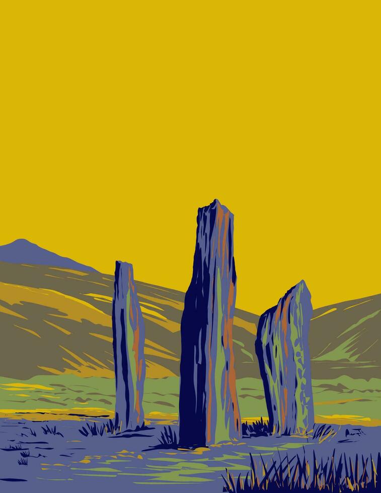 stående stenar på machrie Hed i de ö av arran i skottland wpa konst deco affisch vektor