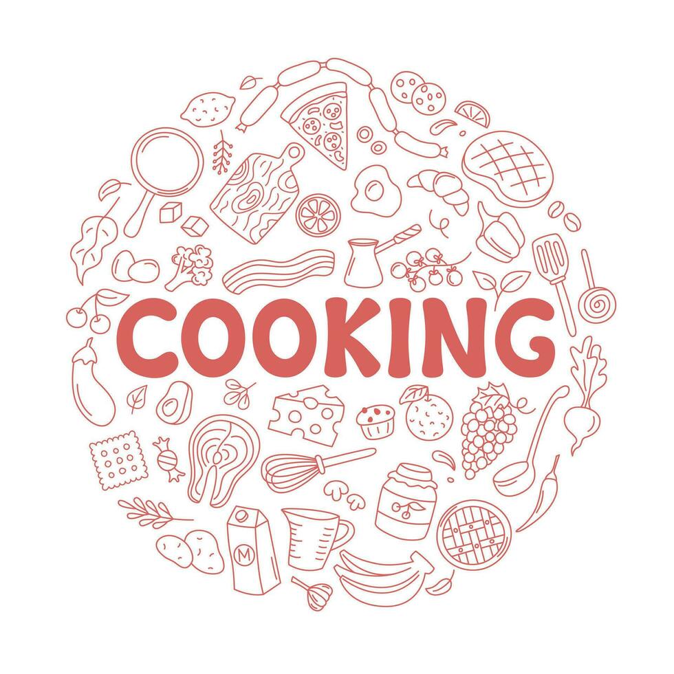 matlagning klotter runda design uppsättning. vektor illustrationer av isolerat kök element redskap, köksutrustning, mat, måltid Ingredienser. frukter, grönsaker, bageri på vit bakgrund